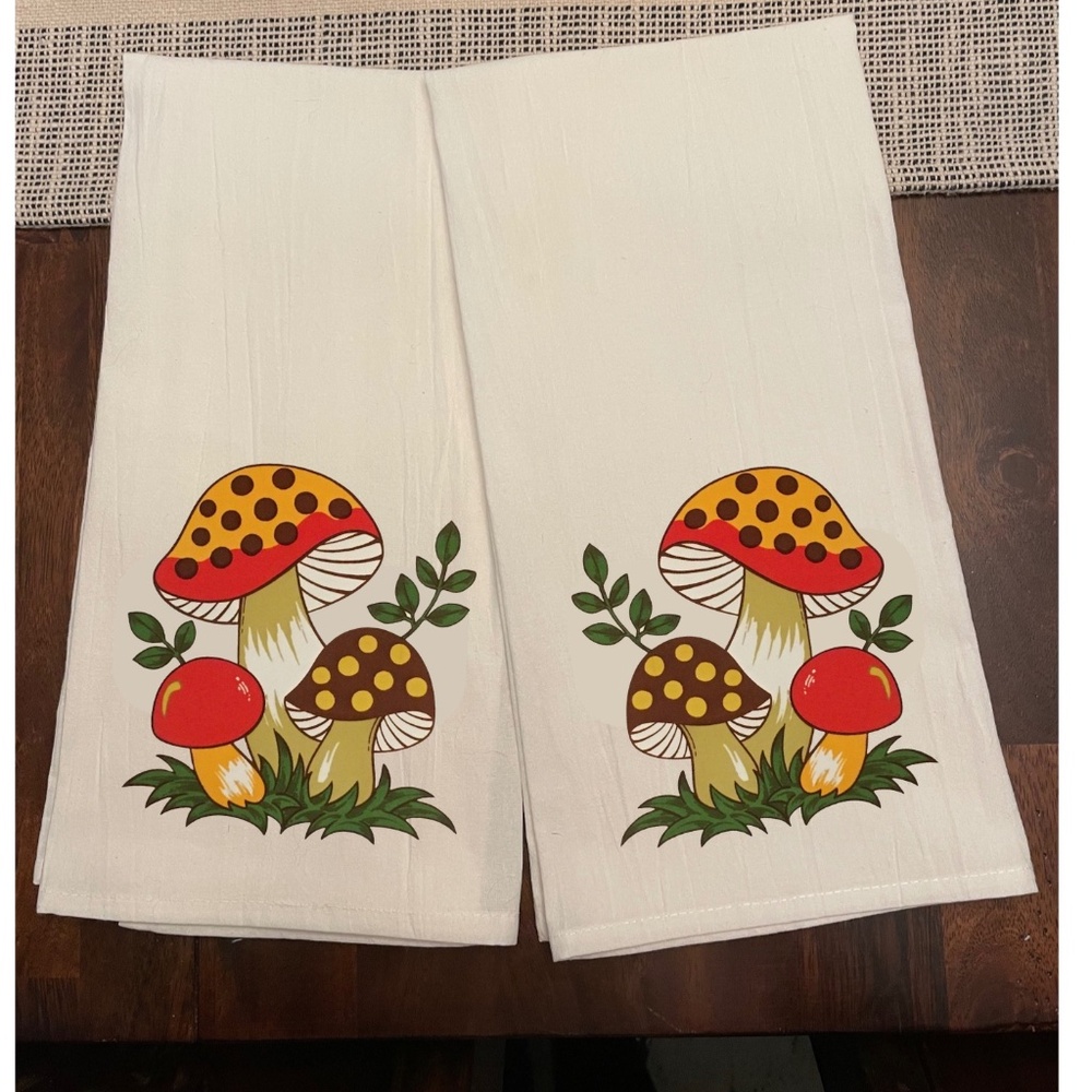 Merry Mushroom Themed Kitchen Towel Dish Towel Cotton Flour Sack Size 28x28 New